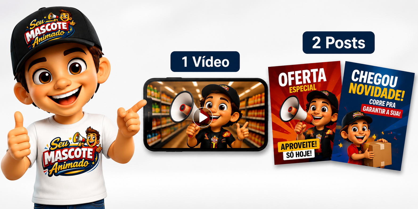 Pacote Start — 1 vídeo + 2 posts personalizados com seu mascote
